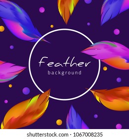 Colorful feather background. Exotic bird feathers fall. Abstract dynamic composition. Vector illustration. The concept of your design, postcard, poster, banner