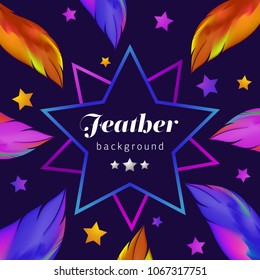 Colorful feather background. Exotic bird feathers fall. Abstract dynamic composition. Vector illustration. The concept of your design, postcard, poster, banner 