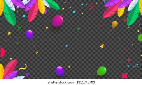 Colorful feather and balloons illustration on black transparent background for celebration concept.