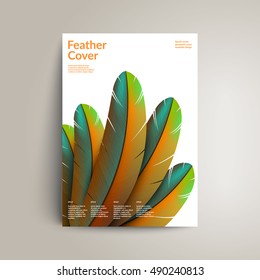 Colorful feather cover design. Exotic bird feathers composition.Applicable for Covers, Voucher, Posters, Flyers and Banner Designs. Eps10 vector illustration.