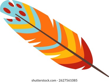 Colorful feather featuring red, orange, yellow, and light blue stripes, isolated on a white background, symbolizing lightness and freedom, perfect for boho designs