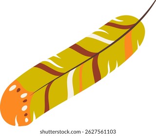 Colorful feather featuring vibrant stripes and dots, isolated against a clean white background, embodying themes of lightness, flight, and bohemian elegance