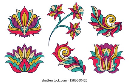 Colorful Feather and Floral Ornament Vector Set. Abstract Indian Linear Decorative Collection