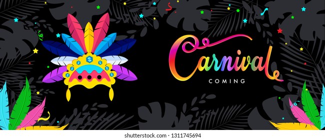 Colorful feather headdress with calligraphy of carnival on black background for celebration concept. Header or banner design.