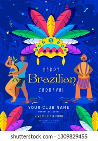 Colorful feather headdress illustration with dancing couple character on blue abstract background for Happy Brazilian Carnaval template design.