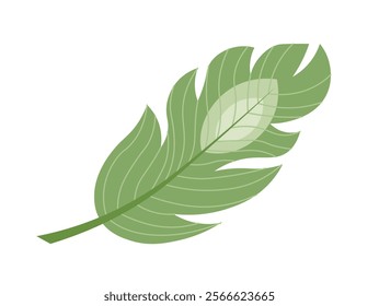 Colorful feather icon. Green bird feather, plumage. Falling, floating or flying object. Fashion and trend. Sticker for social media. Flat vector illustration isolated on white background