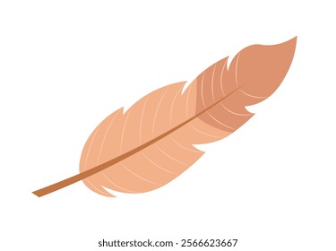 Colorful feather icon. Orange bird feather, plumage. Falling, floating or flying object. Fashion and trend. Softness and lightweight. Flat vector illustration isolated on white background