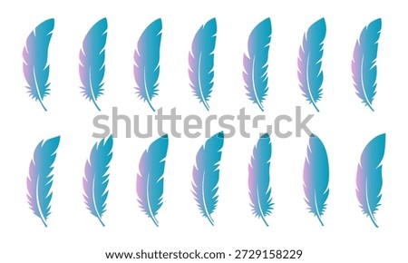 Colorful feather icon set, gradient bird plume collection, wing silhouettes