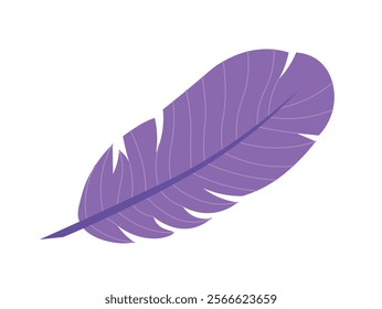 Colorful feather icon. Violet bird feather, plumage. Falling, floating or flying object. Furry material for pillows. Logo and emblem. Flat vector illustration isolated on white background