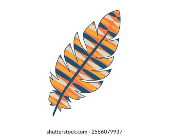 Colorful Feather Illustration with Geometric Stripes in Vibrant Orange and Blue Isolated on White Background. Concept of Artistic Patterns, Modern Design, Nature Art, Abstract Graphics, Bird Feather