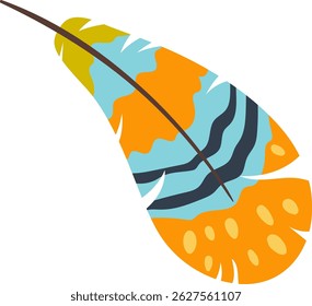 Colorful feather with light blue, orange and dark blue stripes and dots, representing lightness, freedom and softness, ideal for textile patterns or decorative elements