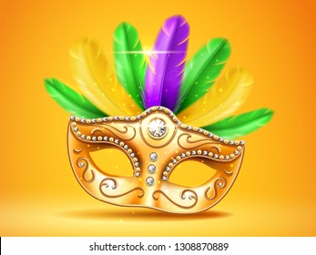 Colorful feather masquerade mask with diamonds. Carnival or party, festival celebration golden face cover. Part of theater costume. Colombina masque design for mardi gras festive. Celebration theme