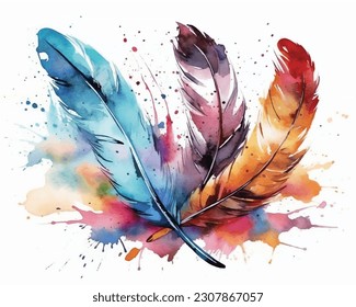 Colorful feather on white background vector art illustration.