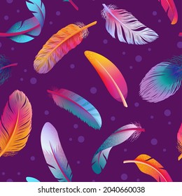 Colorful feather pattern. Feathers coloured, boho style print. Ethnic background, tribal elements. Fantasy birds plumage swanky vector seamless texture