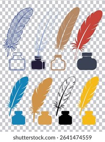 Colorful feather pens and ink bottles vector illustration on transparent background