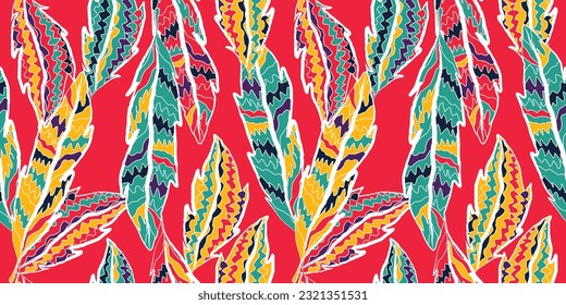 Colorful feather seamless repeat pattern. Red yellow blue boho style textile print illustration