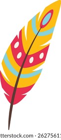 Colorful feather showing red, yellow and light blue stripes and dots, isolated on white background, representing lightness, freedom, and writing