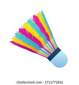 Colorful feather shuttlecock isolated on white background. Sports equipment for badminton game. Bright realistic badminton shuttlecock vector illustration. Outdoors sports game, family leisure