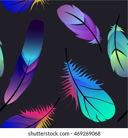 Colorful Feather. Vector abstract background. Seamless pattern on black background