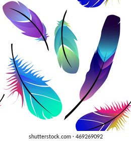 Colorful Feather. Vector abstract background. Seamless pattern on white background