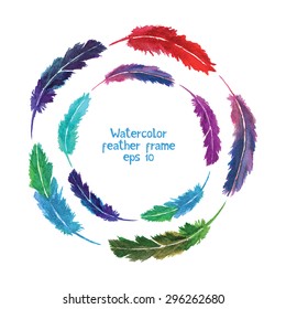 Colorful feather vintage frame. Watercolor vector picture