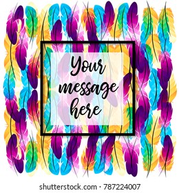 Colorful feathers' background with black frame. Vector Feather