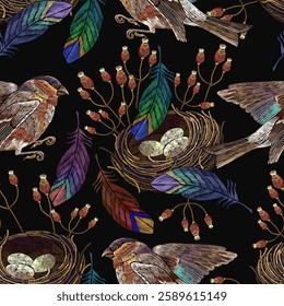 Colorful feathers, bird and nest. Easter background. Embroidery seamless pattern. Template for clothes, t-shirt design