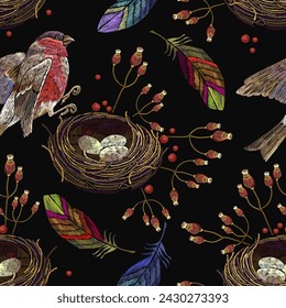 Colorful feathers, bird, and bird nest. Tropical Easter concept. Embroidery seamless pattern. Template for clothes, t-shirt design