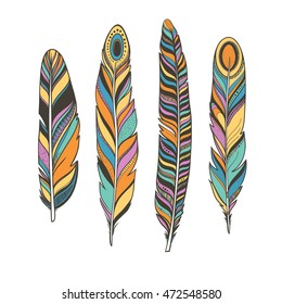 colorful feathers, boho style; hand drawn vector bird feathers