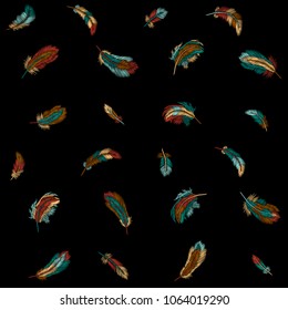 Colorful feathers embroidery seamless pattern. Boho tribal clothes indian bird classic embroidered background. Fashionable template design vector illustration