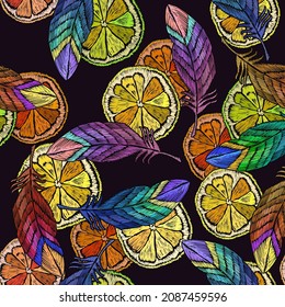 Colorful feathers and lemon slice. Embroidery. Tropical art. Seamless pattern. Fashion template for clothes, textiles, t-shirt design