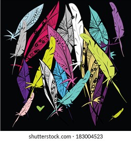 Colorful feathers on black background. Vector illustration