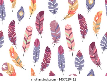 Colorful feathers on white background. Boho style seamless pattern