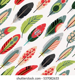 Colorful feathers pattern over white background. Vector illustration.