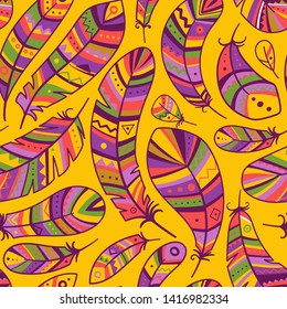 Colorful feathers seamless pattern in boho style with ornaments. Can be used as a background, pattern, wrapping paper, textile swatch, fabric, wallpaper, for children nursery, apparel