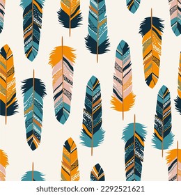 Colorful feathers seamless pattern. Ethnic boho texture. Light background. Vector illustration. Great for textile, print, paper, t-shirt design