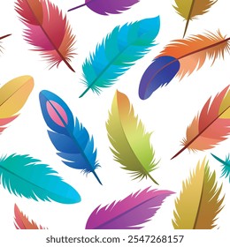 Colorful feathers seamless pattern. Feather print on white vector illustration