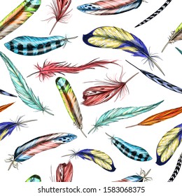 Colorful feathers, seamless pattern, hand drawn vector illustration