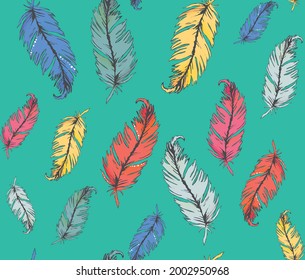 coloridas plumas de patrón transparente fondo turquesa de menta