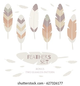 Colorful feathers set. The collection includes two seamless pattern.
