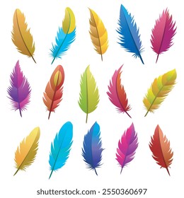 Colorful feathers set. Vibrant color bird feathers isolated vector illustration