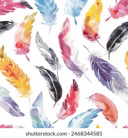 Colorful feathers watercolor seamless pattern. Design element for sale banners, posters, labels, and gift wrapping paper.