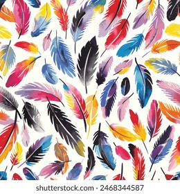 Colorful feathers watercolor seamless pattern. Design element for sale banners, posters, labels, and gift wrapping paper.