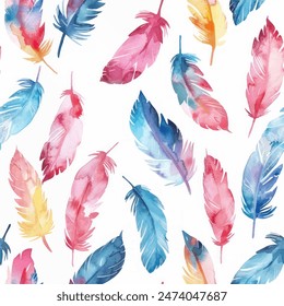 Colorful feathers watercolor seamless pattern. Design element for sale banners, posters, labels, and gift wrapping paper.