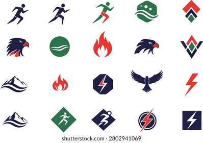 Colorful featuring eagles, flames, mountains, lightning bolts, and running athletes for branding