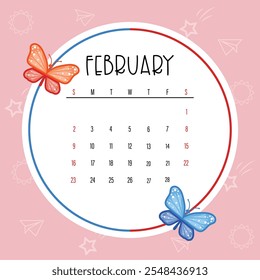 Colorful February 2025 Calendar Template with Cartoon Butterflies