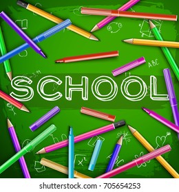 Colorful felt 2pens and pencils around inscription school and educational elements at green chalkboard vector illustration