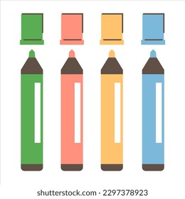 Colorful felt tip pens collection vector isolated. Illustration of four markers, blue, green, yellow and red. Drawing tool, stationery equipment.