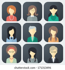 Colorful Female Faces App Icons Set in Trendy Flat Style