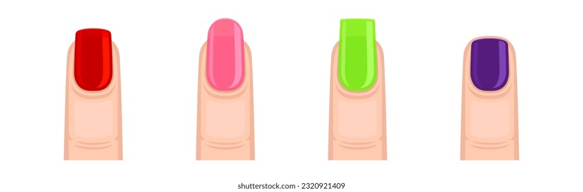 Colorful Female Finger with Nail Form and Shapes Vector Set